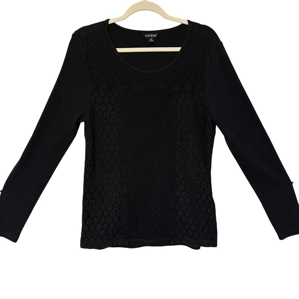 Lucky‎ Brand Black Long Sleeve Textured Lace Knit Top Women XL